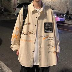 Hearujoy Shirt Men's Coat Korean Style Trendy New Print Splicing Long Sleeved Casual Loose Workwear Shirt Men