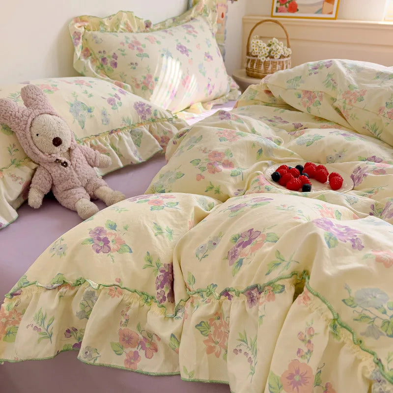 YICKYUE  -  3/4Pcs Bedding Set Cotton Duvet Cover Full Size Bed Sheets Bed Cute Core Swice Couple Quilt Duvet Pillowcase Ruffle Bedding