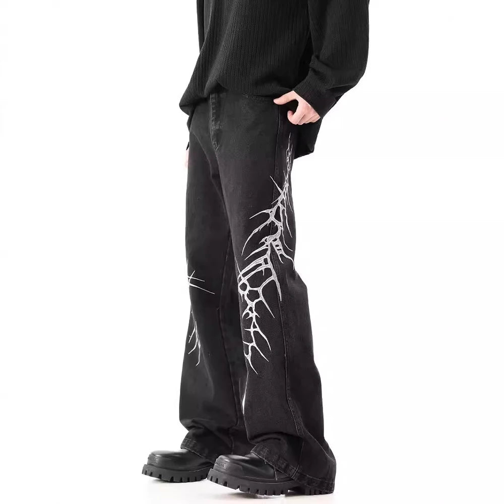 Hearujoy Hip-Hop Street Niche Loose Straight Y2k Jeans Mens American High Street Fashion Trend Leisure Heavy Embroidery Flared Trousers