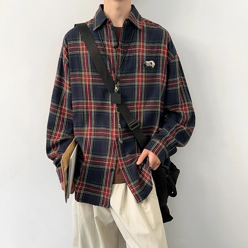 HEARUJOY  -  Autumn Long Sleeved Shirt Men Oversized Retro Casual Shirt Men Japanese Streetwear Loose Plaid Shirt Mens Vintage Shirts M-3XL