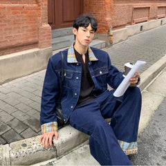HEARUJOY  -  New Grid Retro Denim Two-piece Set Mens Lapel Color Blocking Street Cowboy Coats+Wide Leg Jeans Suits Hip Hop Trend Sets Unisex
