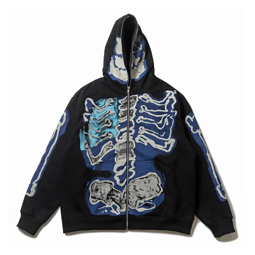 Hearujoy Cactus Jack Fashion Skull Skeleton Hoodie Zip Up Plush Hoodie Cardigan Kanye Oversized Zipper Hoodies Y2k Men Black Clothes