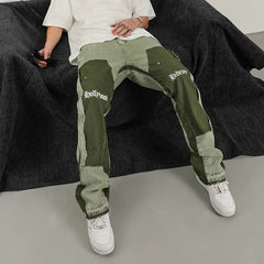 Hearujoy Vintage Distressed Jeans Green Graffiti Mens Flared Denim Jean Hip Hop Splash Ink Y2k Street Wear Casual Slim Fit Jean Man Pant