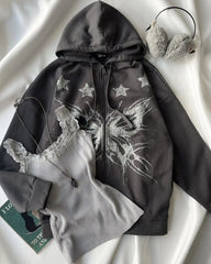 HEARUJOY  -  High street American y2k butterfly pattern print retro zipper hoodie women's casual loose and versatile couple goth sweatshirt