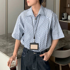 HEARUJOY  -  Men Shirt Striped Patchwork Lapel Short Sleeve Button Men Clothing Streetwear Korean Style Loose Fashion Casual Tops Men