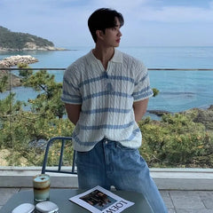 HEARUJOY  -  Twist striped knitted polo shirt short-sleeved men's Korean style slim and versatile casual lapel T-shirt trendy