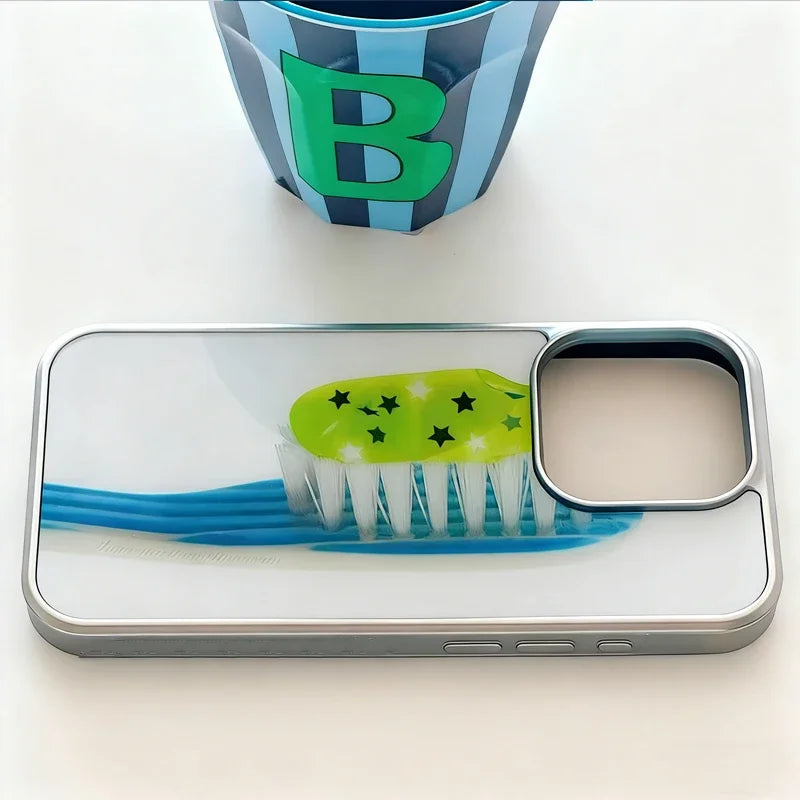 YICKYUE  -  New Korean INS Personalized Blue Star Toothbru Phone Case For iPhone 17 Air 16 15 14 13 12 11 Pro Max XSMAX XR 8 PLUS Y2K Cover