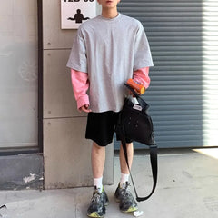 Hearujoy Mens T-Shirt Long Sleeve Y2K Korean Style Fake Two-Piece Contrast  Stitching Top Autumn Oversize Casual Pullover Men'S Clothing