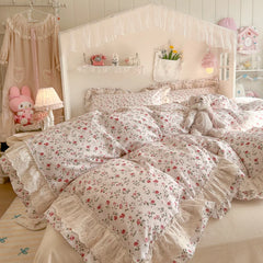 YICKYUE  -  100% Cotton Double Layer Lace Ruffle Floral Bedding Set Vintage Rose Print Duvet Cover Flat Sheet/Fitted Sheet Pillowcase 3/4Pcs