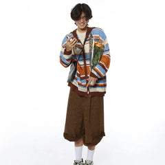 HEARUJOY  -  American Striped Cardigan Mens Spring Summer Color Block Sunscreen Hooded Sweater Jacket Hollow Zipper Retro Knitted Shirt