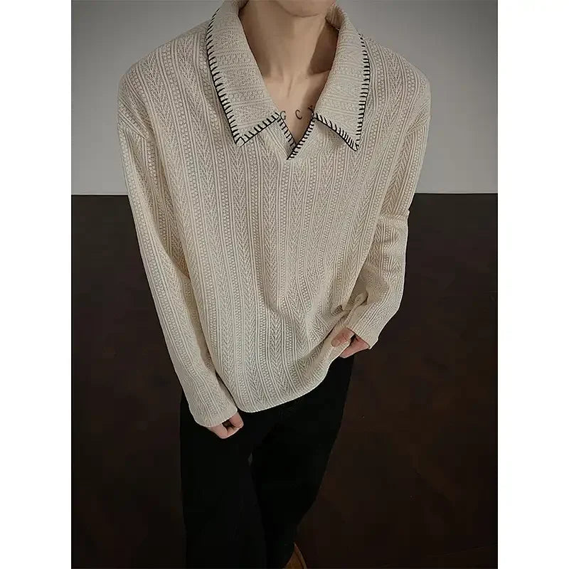 HEARUJOY  -  Men's Wheat Ear Pattern Short Sleeve Polo Shirt Trendy Textured Regular Shoulder Long Sleeve Loose Casual Base Layer T-shirt