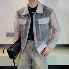 Hearujoy Summer Trendy Men Transparent Sunscreen Jacket Fashion Sexy Mesh Long Sleeve Lapel Top Solid Streetwear Zipper Coat LGBT Clothes