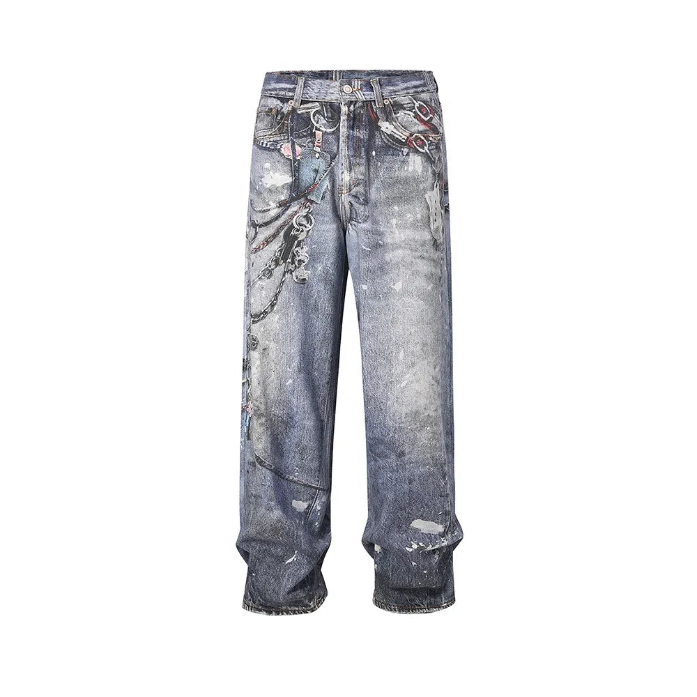 Hearujoy High Street Chain Print Frayed Washed Baggy Jeans for Men and Women Y2k Casual Loose Denim Trousers Ropa Hombre Casual Pants