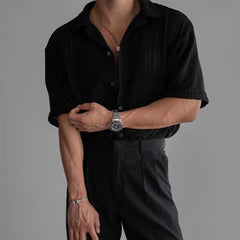 HEARUJOY  -  Men's Solid Color Hollow Short-Sleeved Shirt American Retro Fashion Trend Simple Casual Loose Breathable Summer New Men's Tops