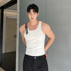 Hearujoy 2024 New Casual Adjustable PU Leather Straps Sleeveless Vest Korean Personality Design Fashion Slim Top Tank Top