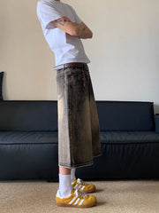 Hearujoy Oversized Hip Hop Jeans Shorts for Men Summer Retro Wide Leg Denim Knee Lenght Pants