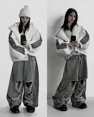 Hearujoy Y2k European and American street punk Harajuku couple casual oversized wide-leg pants vintage washed ripped jeans women pants