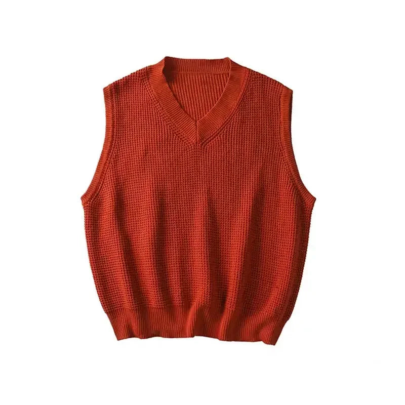 HEARUJOY  -  Men's Clothing Blue Plain Sleeveless Vest Knit Sweater Male Waistcoat V Neck Solid Color Warm Classic Cheap Japanese Retro Wool