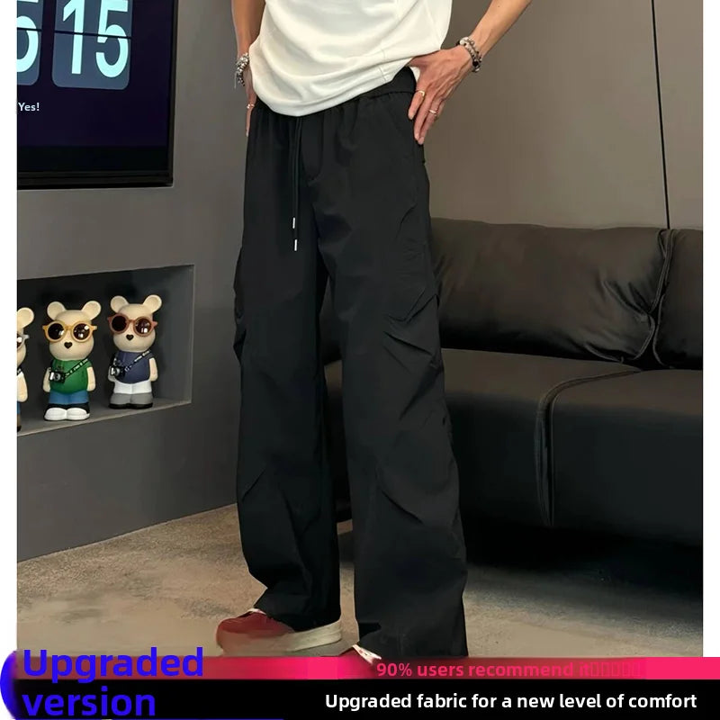 HEARUJOY  -  Folded Qui Dry Work Pants Men's Summer Thin Ice Silk Paratrooper Pants Cleanfit Cool Feeling Sports Pants Straight Leg