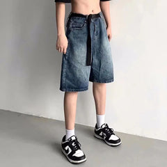 Hearujoy Mens Y2k Sports Casual Jeans Spring Summer New Genderless Fashion Loose Streetwear Solid Color short jeans with Belt Unisex