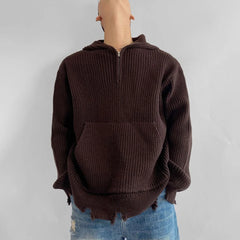 Hearujoy Mens Half-Zip Ripped Hooded Sweater Autumn And Winter Retro Distressed Loose Casual Solid Color Unisex Knitted Sweatshirt