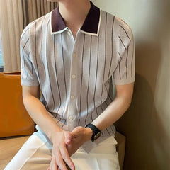 HEARUJOY  -  Men's Grey Striped Knit Polo Shirt Short Sleeve Contrast Collar Button Front Casual Slim Fit Top For Daily Wear