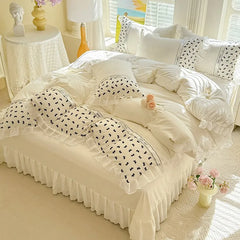 YICKYUE  -  4Pcs Bedding Set Korean Princess-Style White Lace Duvet Cover Pillowcases And Ruffled Bed Skirt Couple Quilt King-Size Sheets