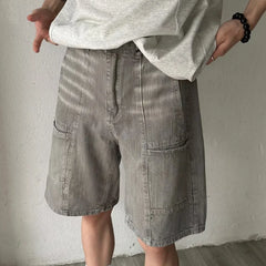 HEARUJOY  -  American Mens Summer Denim Shorts Trendy Retro Multiple Pockets Punk Mid Pants Tooling Loose Cowboy Five Quarter Pants Male