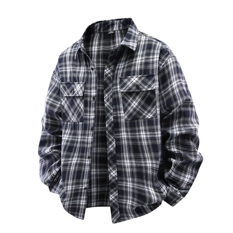 HEARUJOY  -  Men's Plaid Long Sleeve Shirt Streetwear  Versatile Minimalist Style Thin Casual Loose Fit Work Shirt with Dual Chest Pockets