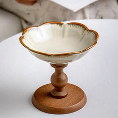 YICKYUE  -  Chinese Retro Style Wooden High-Footed Ceramic Fruit Dish Creativity Living Room Fruit Dim Sum Storage Tray Desktop Ornament