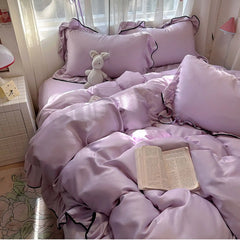 YICKYUE  -  Luxury Ice Silk Cooling Bedding Set, Summer Washable Silk 3/4 Pcs Duvet Cover/Sheet, Student Dorm Fitted Sheet