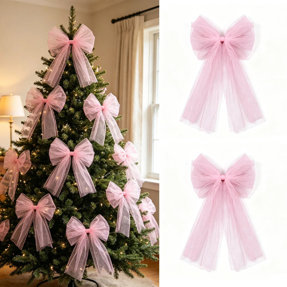 YICKYUE  -  Big Tulle Bow Knot Christmas Tree Decoration Pink White Room Table Decor for Party Accessories
