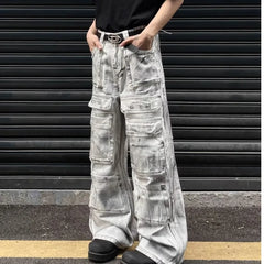 Hearujoy American retro distressed dirty multi-pocket jeans for men and women high street y2k loose trendy floor-length straight trousers
