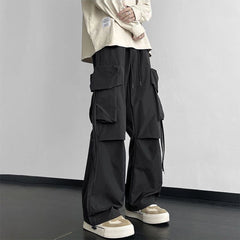 Hearujoy Mens American Street Workwear Style Casual Wide-Leg Pants Genderless Autumn Winter Trendy Velvet Warm Pocket Trousers Unisex