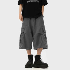 HEARUJOY  -  Summer Cotton Casual Pants Men Pocket Cargo Pants Men Japanese Streetwear Hip-hop Loose Wide Leg Pants Mens Calf-Length Pants