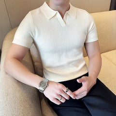 HEARUJOY  -  New Fashion Business Tops Men's Polo Shirt Light Luxury Leisure Knitted V Neck T-shirts for Man Korean Popular Short Sleeve Tees