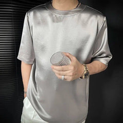 HEARUJOY  -  Summer New Men's Solid Color Shiny Short-Sleeved T-Shirt American Retro Fashion Trend Leisure Loose Breathable Niche Men's Tops