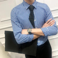 HEARUJOY  -  Men's Black White Small Checkered Long Sleeve Shirt Slimming Versatile Slim Fit All Season Spring Top