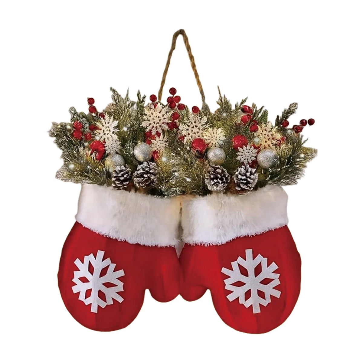 YICKYUE  -  Christmas Mitten Wreath Lighted Garland for Front Door Decoration, Artificial Twinkling Xmas Party Decor, Creative Glove Shaped
