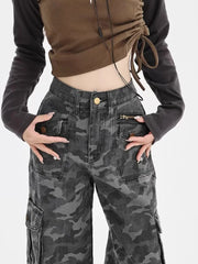 Hearujoy Retro High Street Loose Wide Legs Camouflage Overalls Women New High Waist Slouchy Straight Baggy Jeans Women Streetwear