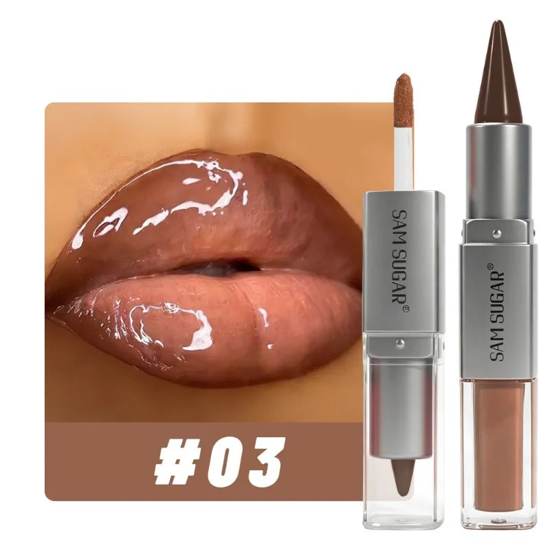 YICKYUE  -  2 in1 Tapered Gradient Lipliner Pen Nude Brown Mirror Glass Lip Gloss Waterproof Lip Contour Matte Lip Liner Non Stick Makeup