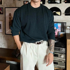 Hearujoy Mens Autumn Winter New Textured Vertical Striped Knitted T-Shirt Gender-Neutral Loose Casual Simple Long-Sleeved Top Unisex
