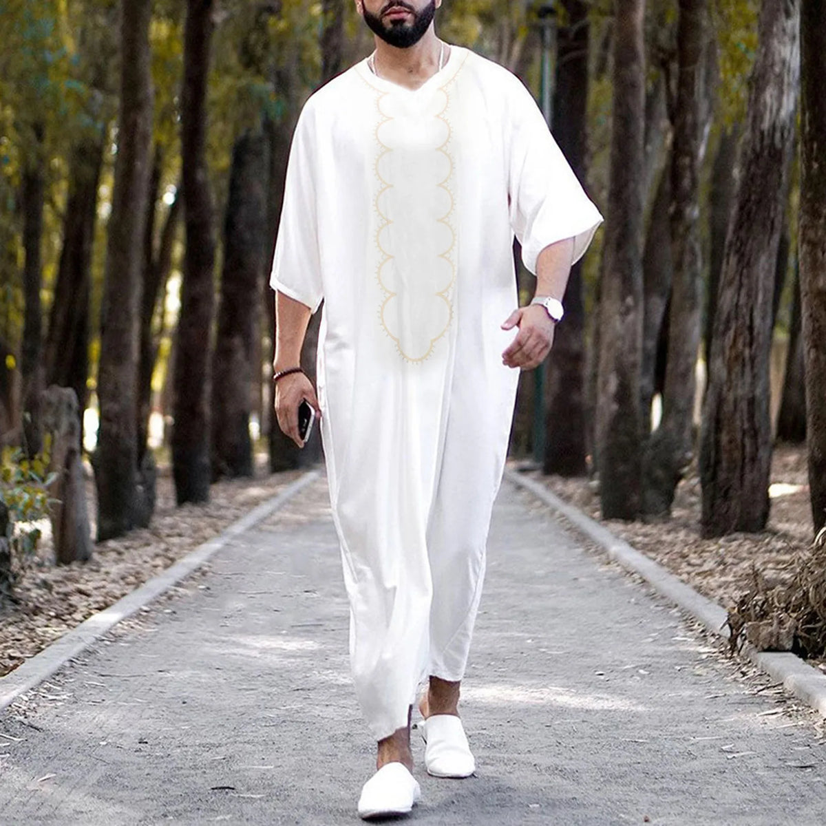 HEARUJOY  -  Comfort Regular Fit Men'S Slim Fit Shirt Male Casual Arab National Print Robe V Neck Middle Sleeve Split Hem Blouse Robe рубашка