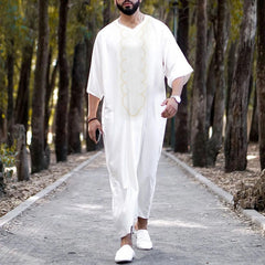 HEARUJOY  -  Comfort Regular Fit Men'S Slim Fit Shirt Male Casual Arab National Print Robe V Neck Middle Sleeve Split Hem Blouse Robe рубашка