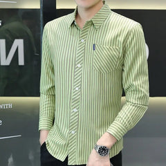 Hearujoy Men's Clothing Korean Fashion Striped Print Business Casual Button Up Shirt Spring Autumn Youth Long Sleeve Slim All Match Tops