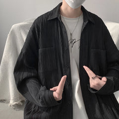 Hearujoy Spring Black White Pleated Shiert Men Fashion Oversized Casual Shirt Men Korean Loose Pocket Long Sleeve Shirts Mens Dress Shirt