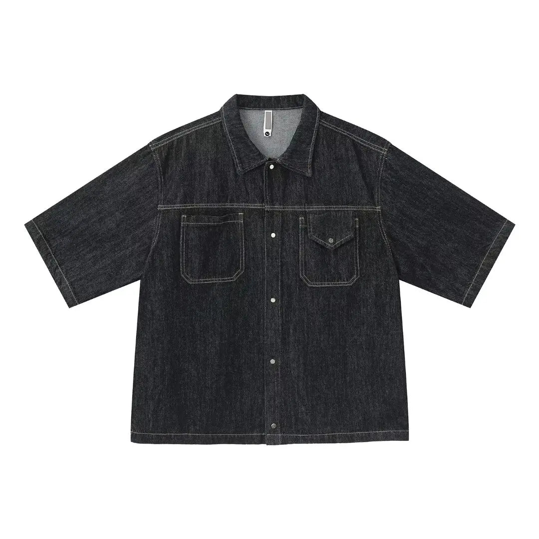 HEARUJOY  -  Cowboy Retro Set Mens Summer Big Pocket Washed Denim Shirt+loose Wide Leg Seven Quarter Jeans 2-cps American Street Unisex Suit