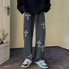 Hearujoy Vintage Men's Straight Jeans Cross Embroidery Casual Jeans Denim Loose Hip Hop Four Seasons Fashion Streetwear Pants Black Blue