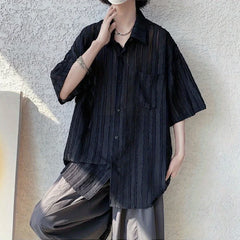 Hearujoy Men Casual Pleated See-Through Short-Sleeved Shirts Genderless 2024 New Thin Niche Personality Versatile Solid Color Tops Unisex