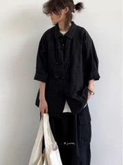 HEARUJOY  -  New Summer New Chinese Style Retro Tang Suit Solid Color Short-sleeved Shirt Men Women Casual Loose Buttoned Chinese Style Shirt